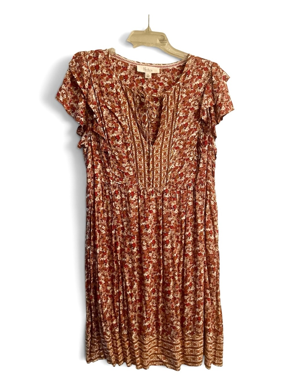 NWOT Nurture by Westbound Bohemian Floral Rust Midi Dress with Ruffle Sleeves